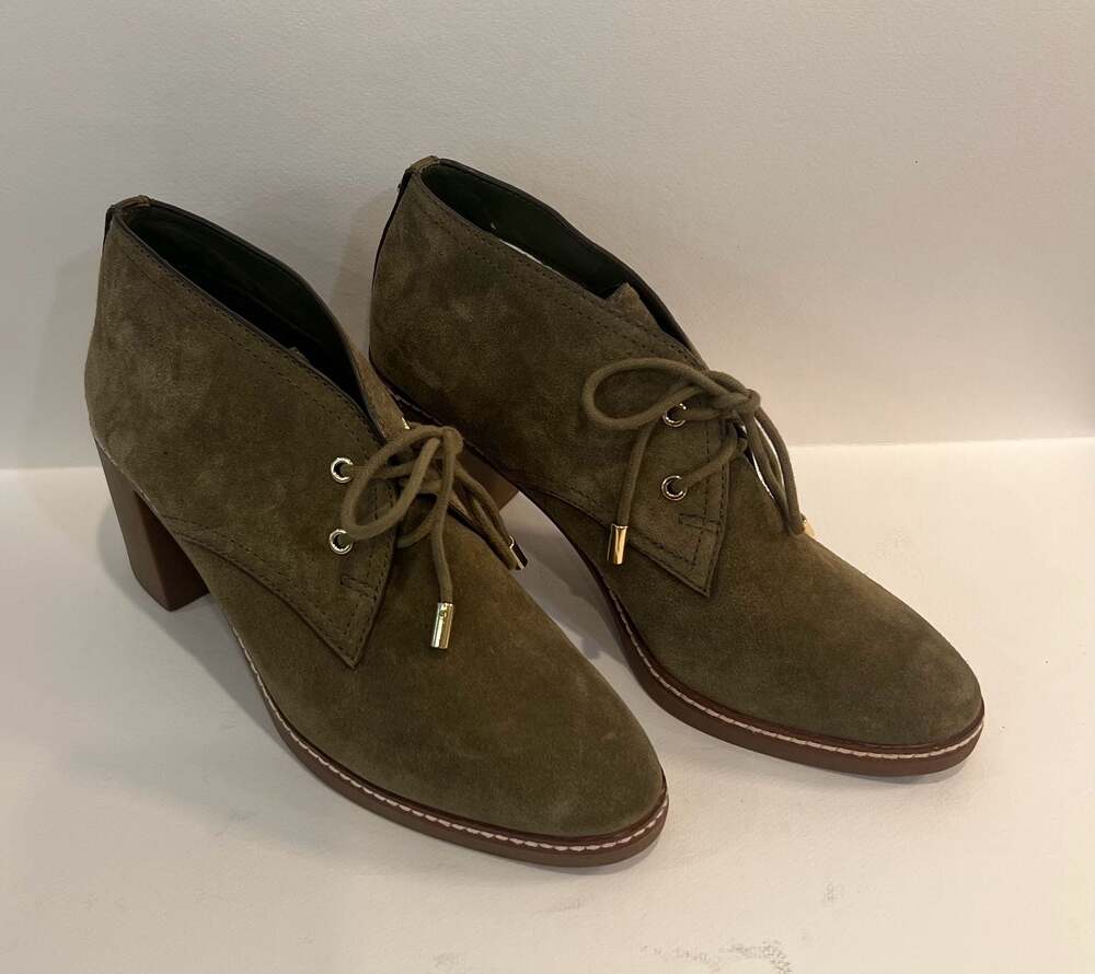 Tory Burch Olive Green Suede Leather Fur-Lined Block Heel Ankle Boots Size 9